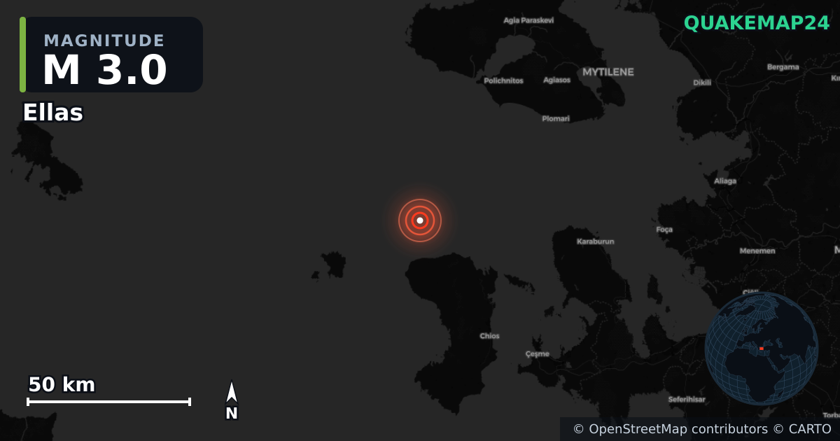 M3.0 earthquake near Ellas on Jan 23, 2026 — map of epicenter and shaking intensity | QuakeMap24