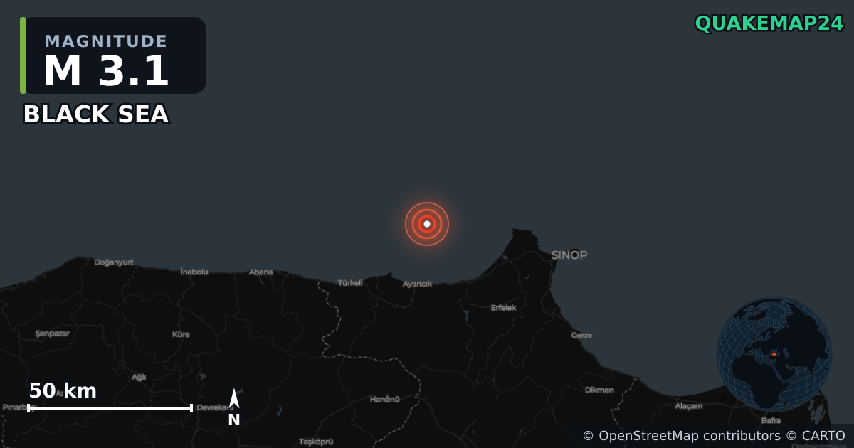 Terremoto de M3,1 cerca de BLACK SEA (Turquía) · 2025-12-31 — Mapa de la ubicación del epicentro