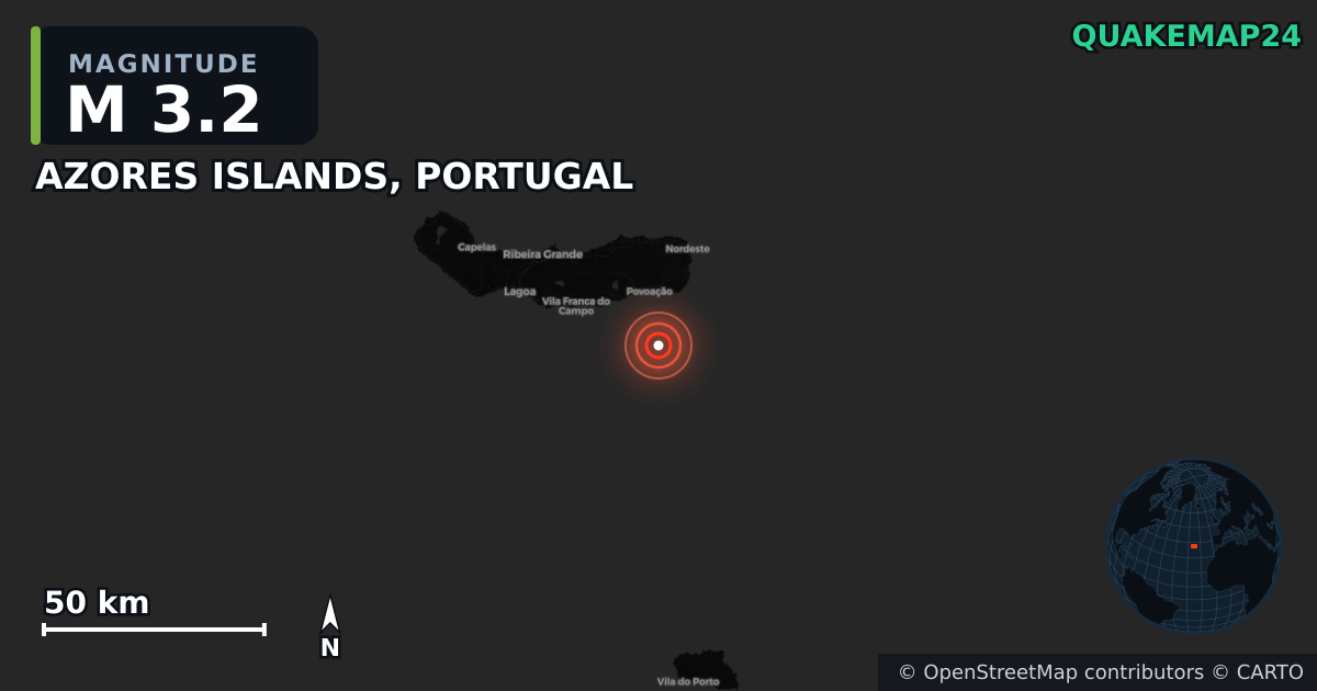 M3.2 earthquake near AZORES ISLANDS, PORTUGAL on Jun 5, 2025 — map of epicenter and shaking intensity | QuakeMap24