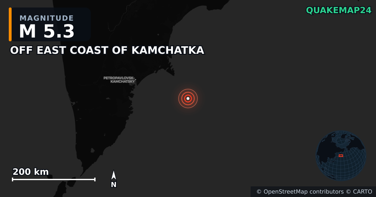 OFF EAST COAST OF KAMCHATKA yakınında M5,3 deprem — Deprem merkez üssünün konumunu gösteren harita