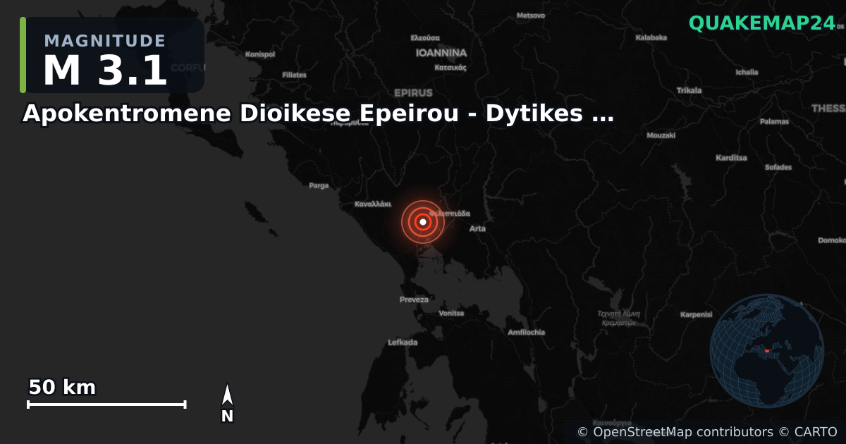 M3.1 earthquake near Apokentromene Dioikese Epeirou - Dytikes Makedonias on Oct 9, 2025 — map of epicenter and shaking intensity | QuakeMap24