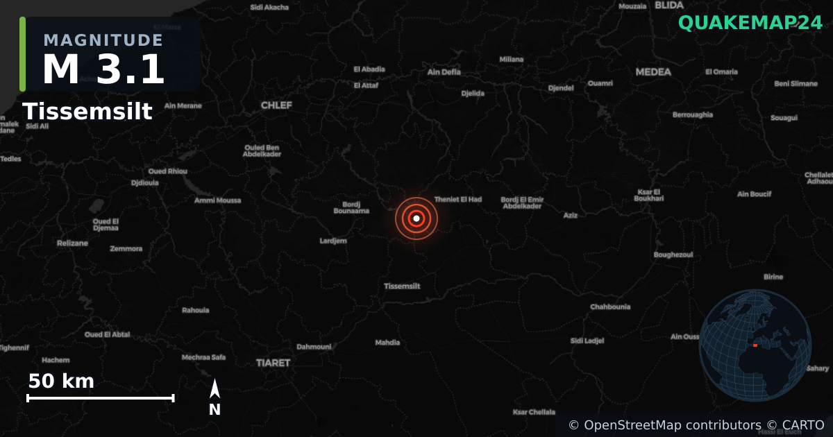 M3.1 earthquake near Tissemsilt on May 26, 2025 — map of epicenter and shaking intensity | QuakeMap24