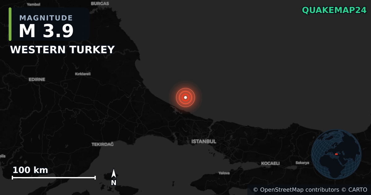 M3.9 earthquake near WESTERN TURKEY on Oct 26, 2025 — map of epicenter and shaking intensity | QuakeMap24