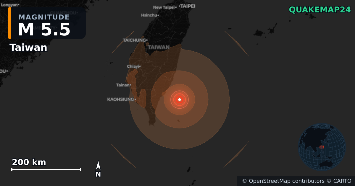 M5.5 earthquake near Taiwan on Aug 25, 2026 — map of epicenter and shaking intensity | QuakeMap24