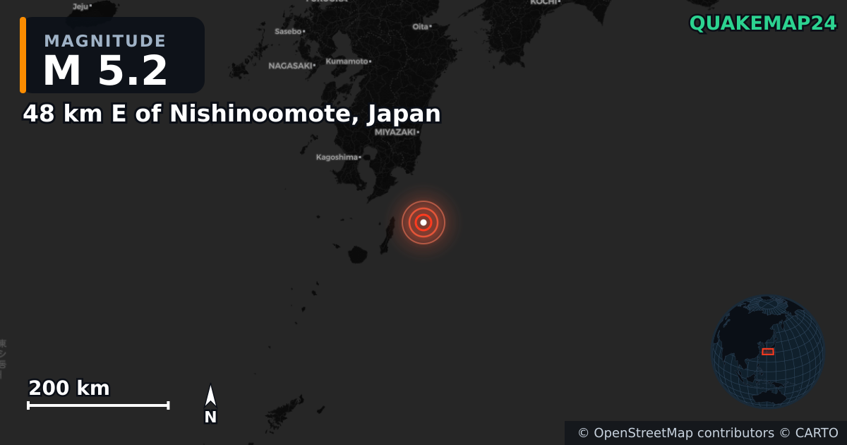 Erdbeben M5,2 bei 48 km E of Nishinoomote, Japan — Karte der Lage des Epizentrums