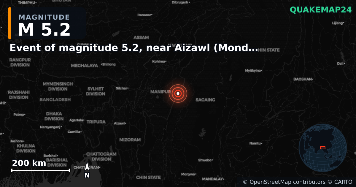 M5.2 earthquake near Event of magnitude 5.2, near Aizawl (Monde) on Apr 21, 2026 — map of epicenter and shaking intensity | QuakeMap24