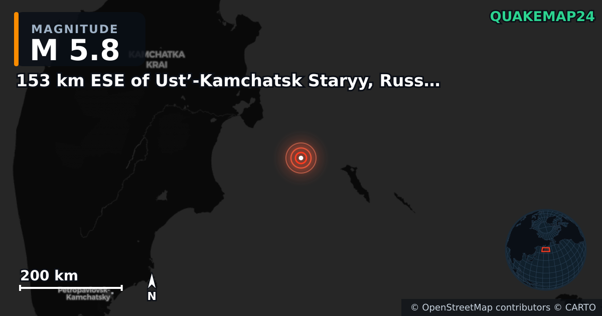 M5.8 earthquake near 153 km ESE of Ust’-Kamchatsk Staryy, Russia on Feb 26, 2025 — map of epicenter and shaking intensity | QuakeMap24