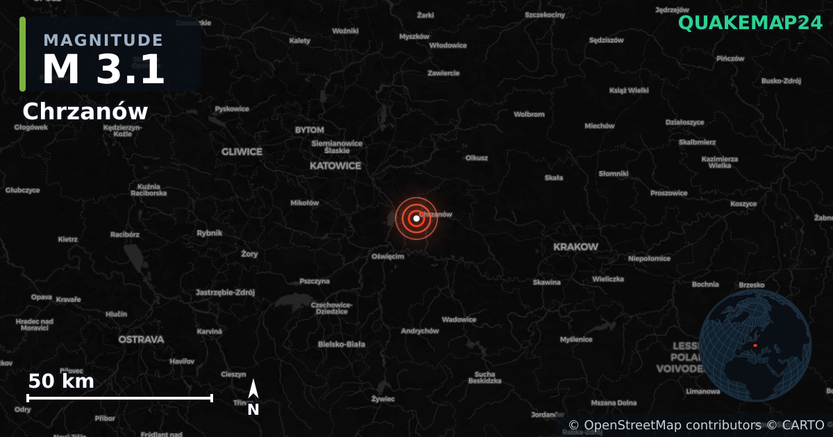 M3.1 earthquake near Chrzanów on Jul 9, 2026 — map of epicenter and shaking intensity | QuakeMap24