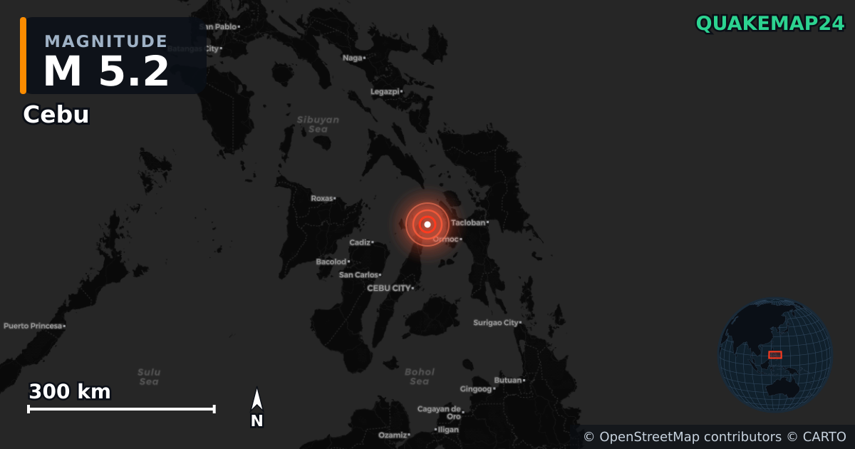 M5.2 earthquake near Cebu on Sep 30, 2025 — map of epicenter and shaking intensity | QuakeMap24