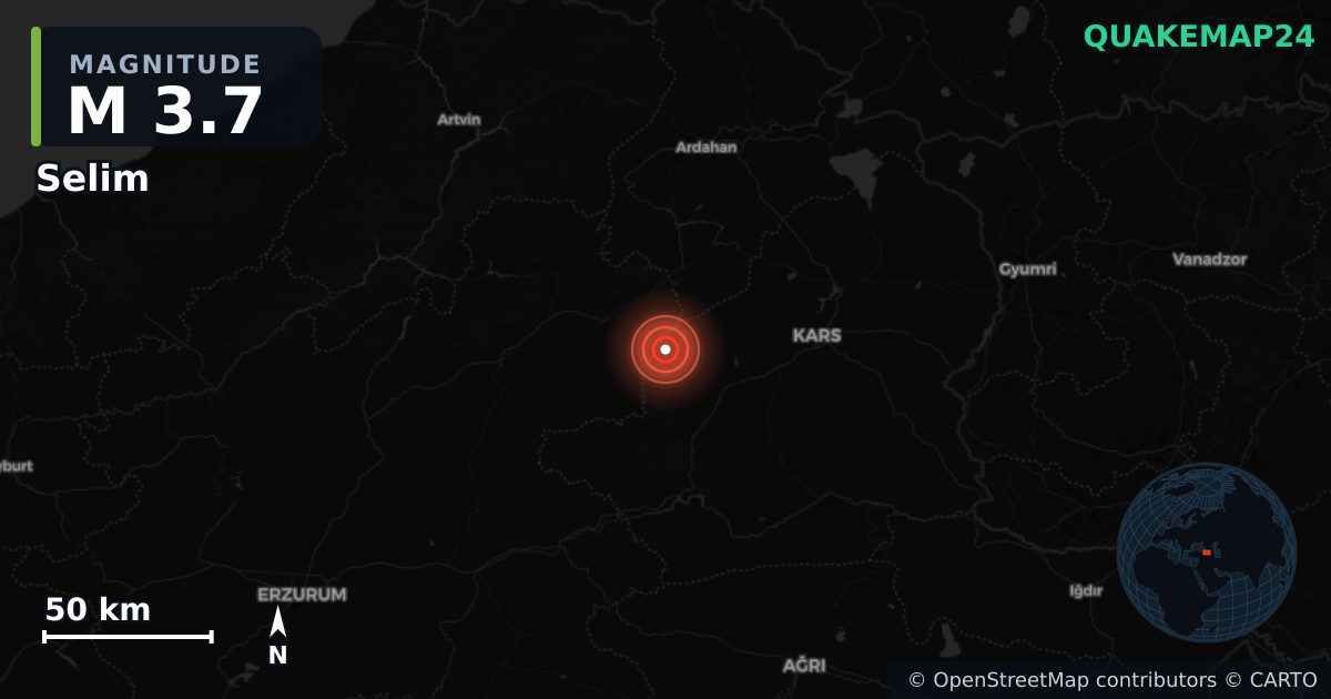 M3.7 earthquake near Selim on Sep 27, 2025 — map of epicenter and shaking intensity | QuakeMap24