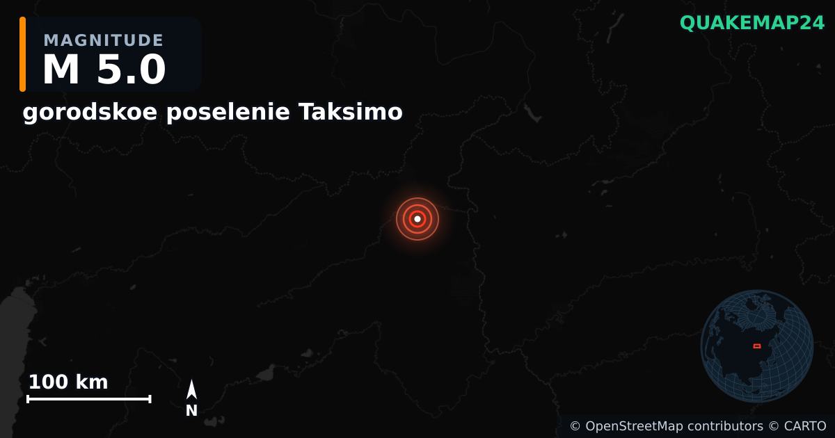 M5.0 earthquake near gorodskoe poselenie Taksimo on Jan 24, 2026 — map of epicenter and shaking intensity | QuakeMap24