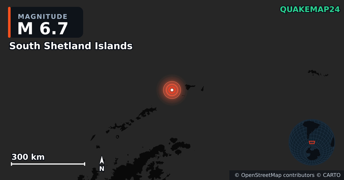 M6.7 Earthquake near South Shetland Islands · 2026-03-20 — Map showing the location of the epicenter