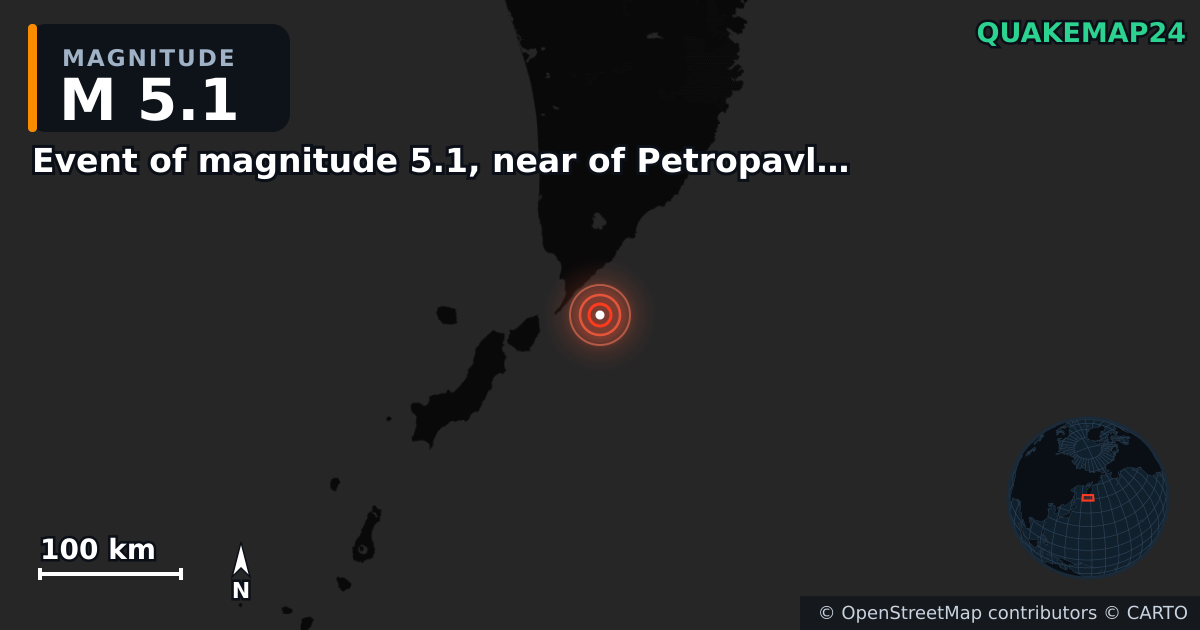 M5.1 earthquake near Event of magnitude 5.1, near of Petropavlovsk Kamchatskiy (Monde) on Aug 29, 2025 — map of epicenter and shaking intensity | QuakeMap24