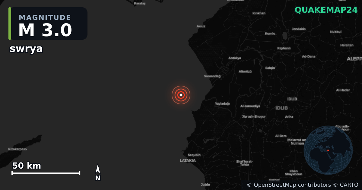 M3.0 earthquake near swrya on Jan 19, 2026 — map of epicenter and shaking intensity | QuakeMap24