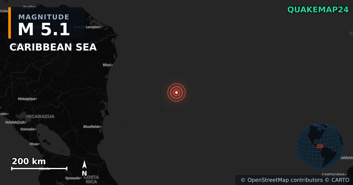 CARIBBEAN SEA yakınında M5,1 deprem — Deprem merkez üssünün konumunu gösteren harita