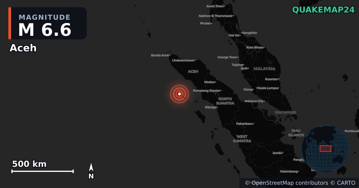 M6.6 earthquake near Aceh on Nov 27, 2025 — map of epicenter and shaking intensity | QuakeMap24