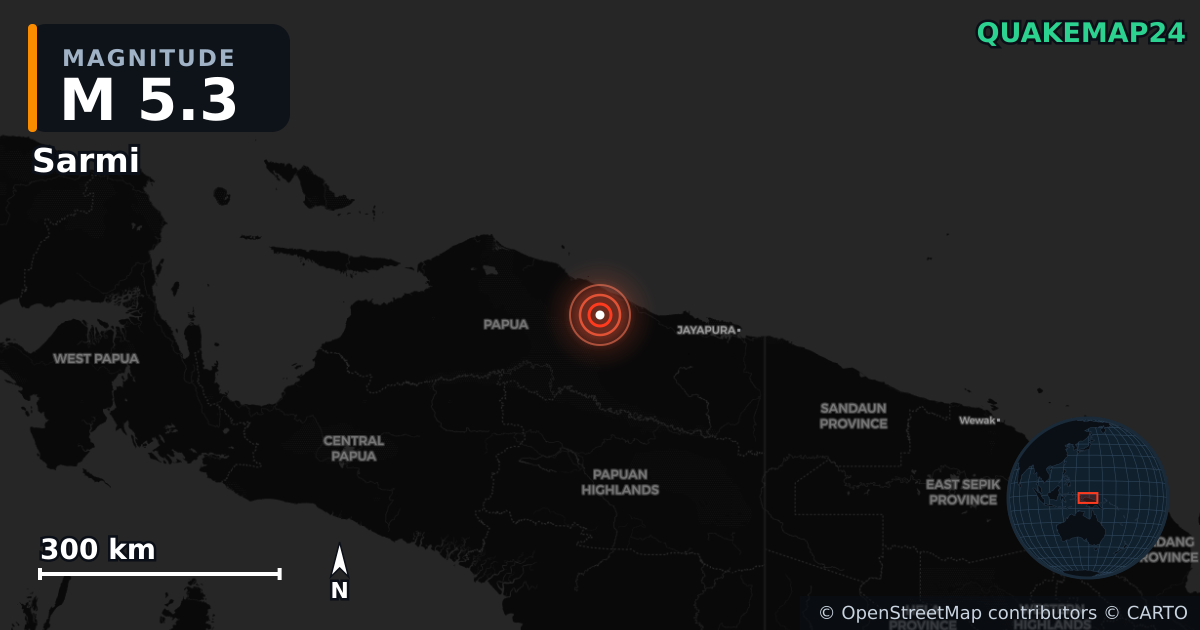 Erdbeben M5,3 bei Sarmi, Papua (Indonesien) — Karte der Lage des Epizentrums