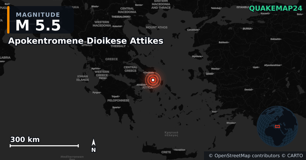 M5.5 earthquake near Apokentromene Dioikese Attikes on Sep 8, 2025 — map of epicenter and shaking intensity | QuakeMap24