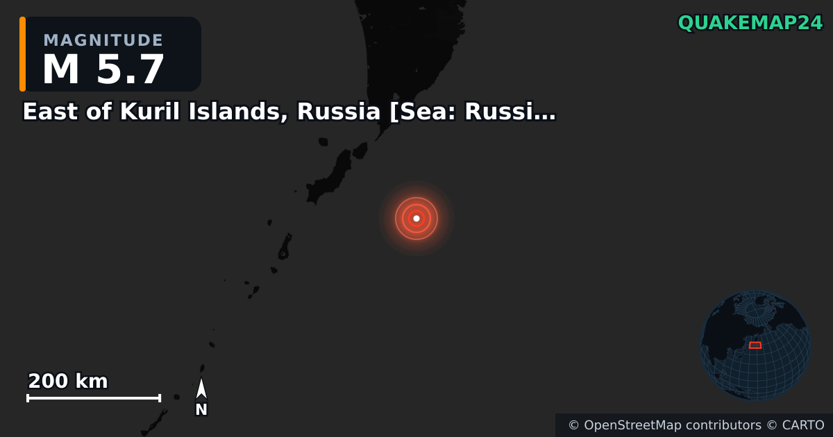 M5.7 earthquake near East of Kuril Islands, Russia [Sea: Russia] on Jun 7, 2026 — map of epicenter and shaking intensity | QuakeMap24