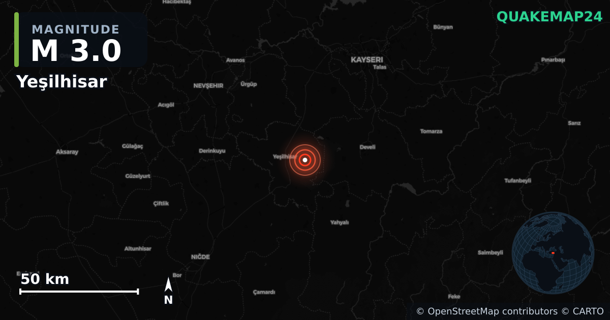M3.0 earthquake near Yeşilhisar on Sep 12, 2025 — map of epicenter and shaking intensity | QuakeMap24
