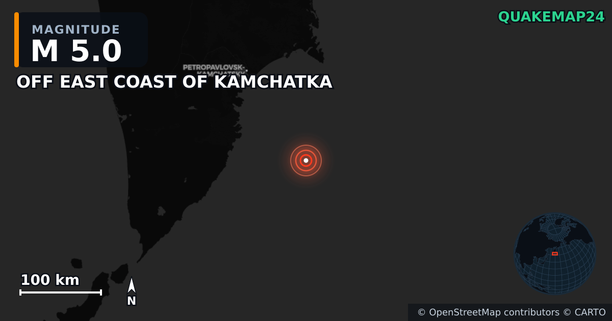 M5.0 earthquake near OFF EAST COAST OF KAMCHATKA on Mar 1, 2026 — map of epicenter and shaking intensity | QuakeMap24