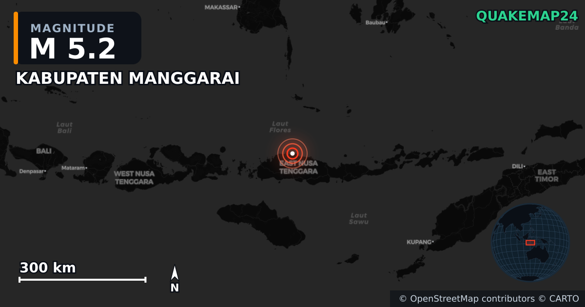 M5.2 earthquake near KABUPATEN MANGGARAI on Aug 22, 2026 — map of epicenter and shaking intensity | QuakeMap24