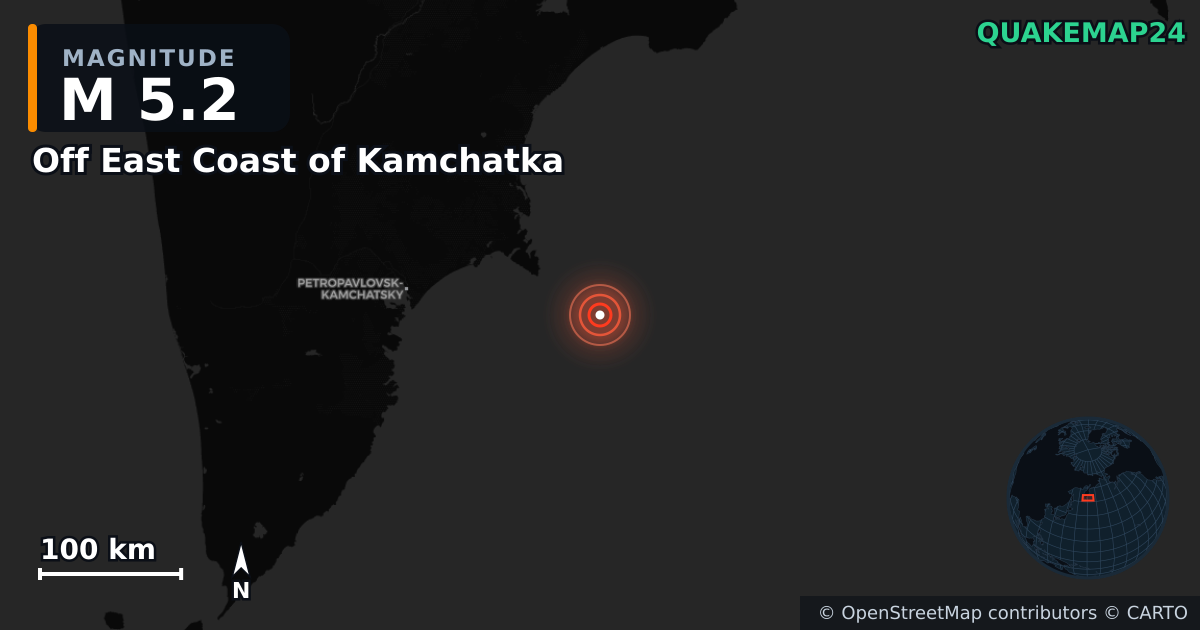 M5.2 earthquake near Off East Coast of Kamchatka on Sep 18, 2025 — map of epicenter and shaking intensity | QuakeMap24