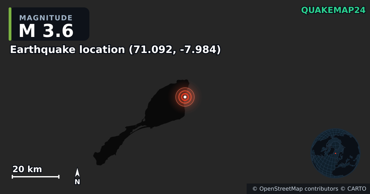 M3.6 earthquake near Earthquake location (71.092, -7.984) on Oct 5, 2025 — map of epicenter and shaking intensity | QuakeMap24