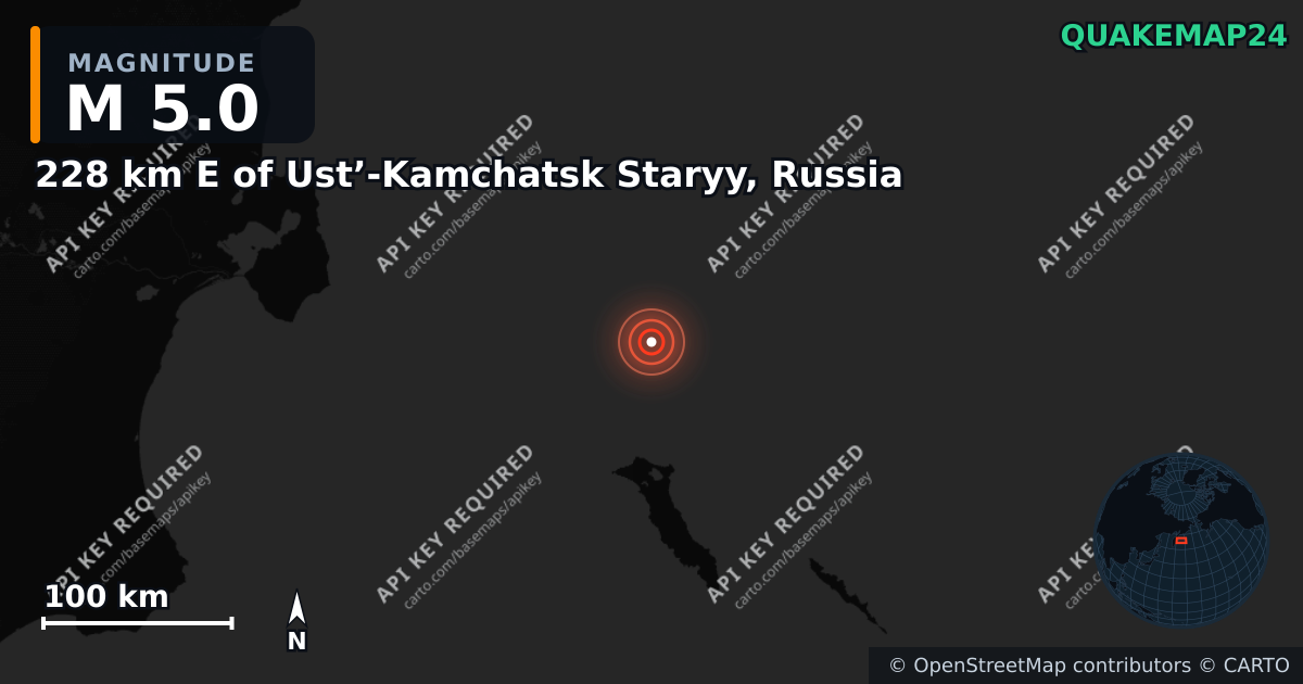 M5.0 earthquake near 228 km E of Ust’-Kamchatsk Staryy, Russia on Jul 14, 2025 — map of epicenter and shaking intensity | QuakeMap24