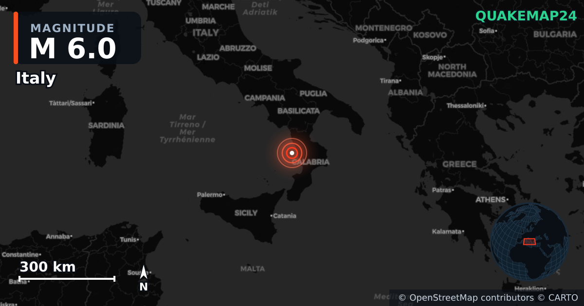 M6.0 earthquake near Italy on Jun 1, 2026 — map of epicenter and shaking intensity | QuakeMap24