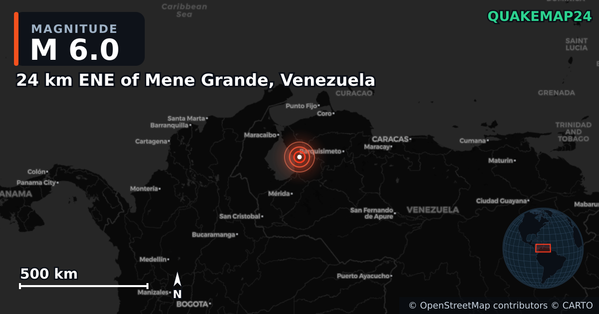 M6.0 earthquake near 24 km ENE of Mene Grande, Venezuela on Sep 24, 2025 — map of epicenter and shaking intensity | QuakeMap24