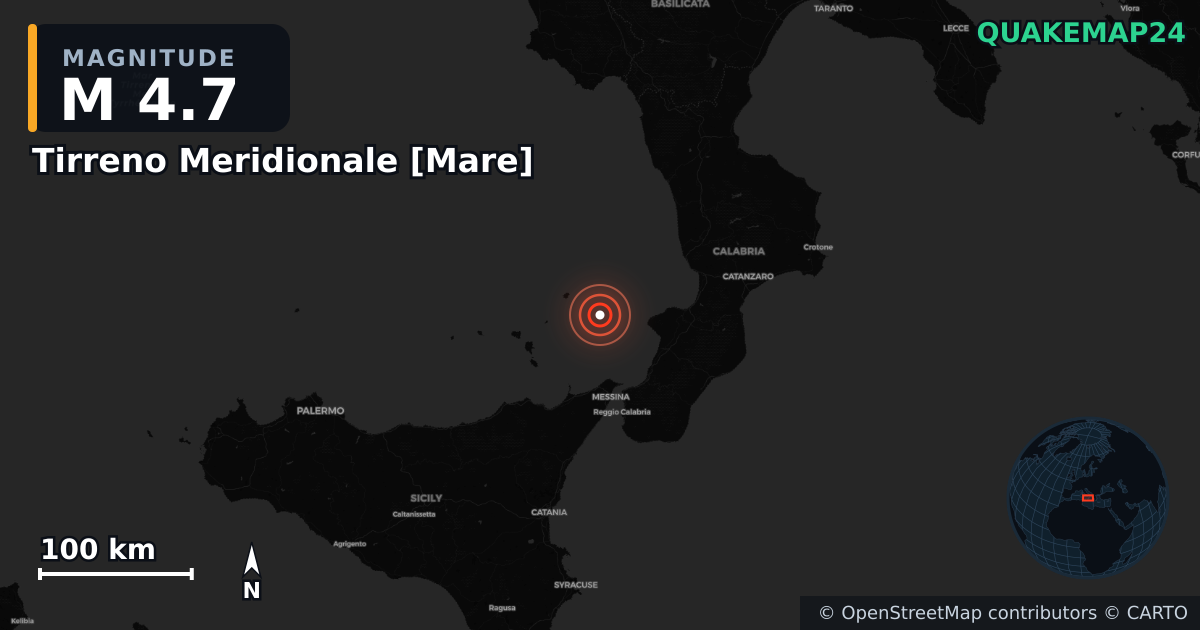 M4.7 earthquake near Tirreno Meridionale [Mare] on Jun 13, 2026 — map of epicenter and shaking intensity | QuakeMap24