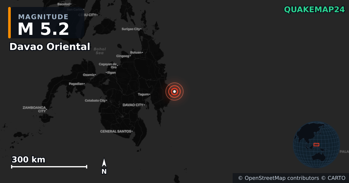 M5.2 earthquake near Davao Oriental on Oct 14, 2025 — map of epicenter and shaking intensity | QuakeMap24