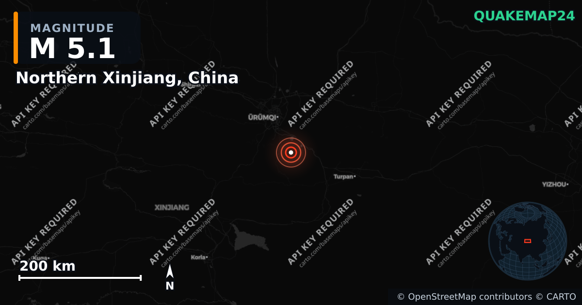 M5.1 earthquake near Northern Xinjiang, China on Apr 2, 2026 — map of epicenter and shaking intensity | QuakeMap24