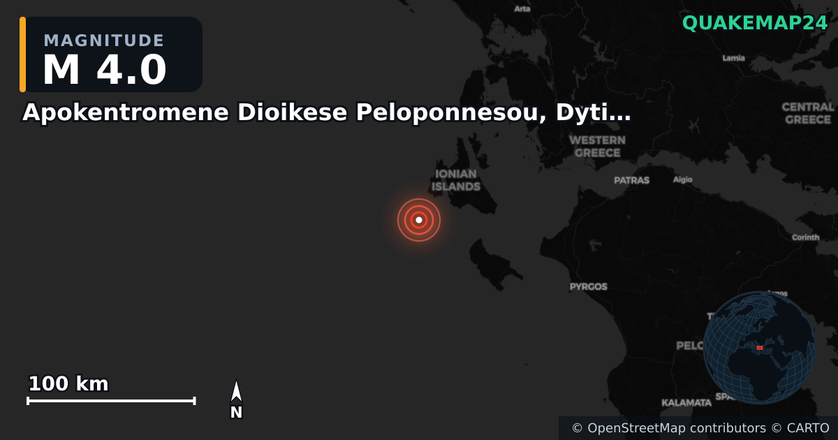 M4.0 earthquake near Apokentromene Dioikese Peloponnesou, Dytikes Elladas kai Ioniou on Jun 21, 2025 — map of epicenter and shaking intensity | QuakeMap24