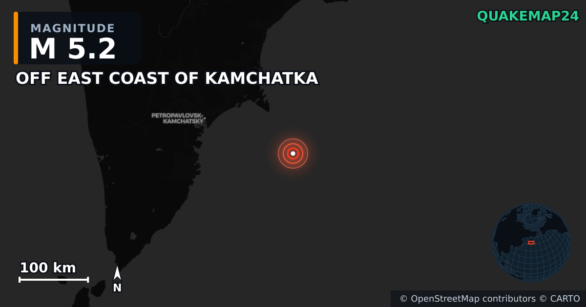 M5.2 earthquake near OFF EAST COAST OF KAMCHATKA on Jul 20, 2025 — map of epicenter and shaking intensity | QuakeMap24