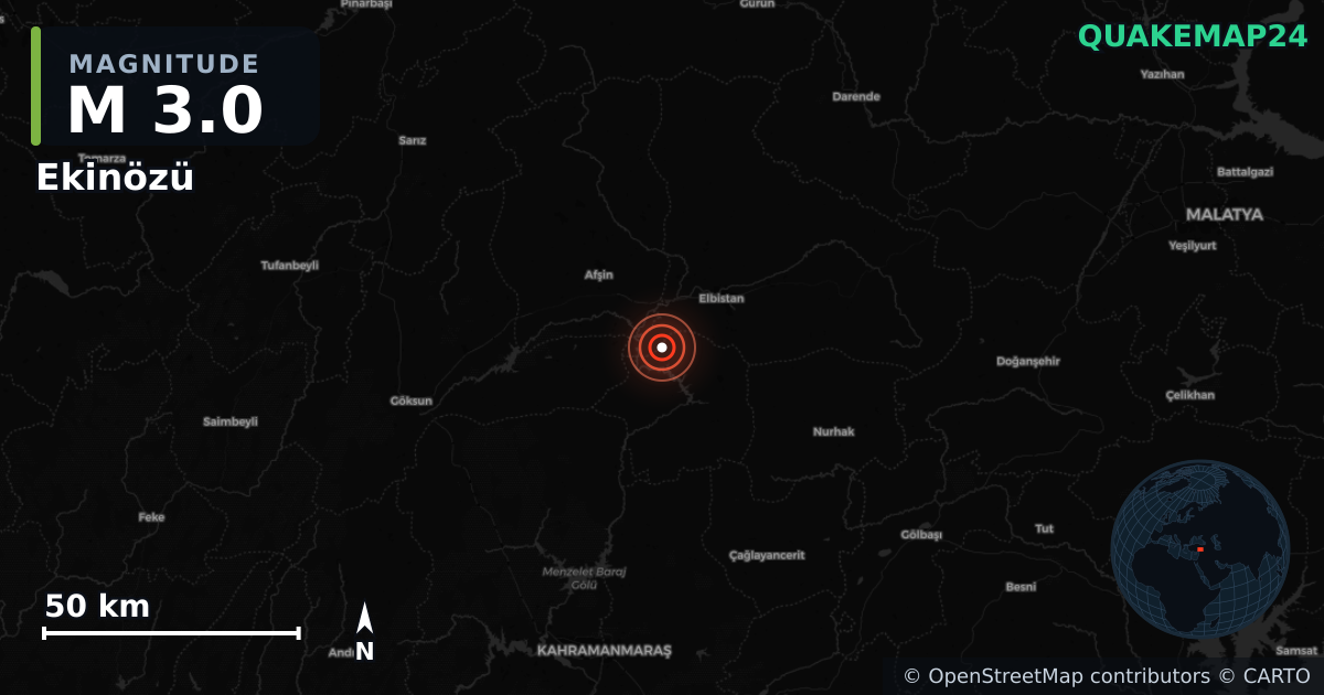 M3.0 earthquake near Ekinözü on Nov 12, 2025 — map of epicenter and shaking intensity | QuakeMap24