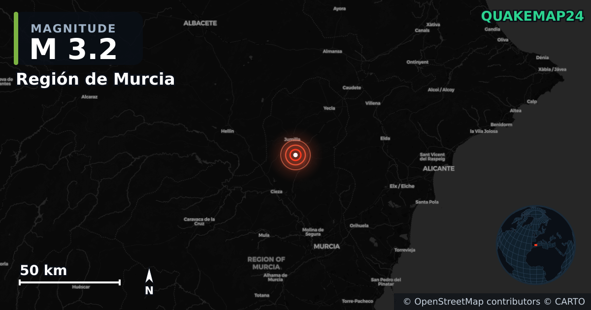 M3.2 earthquake near Región de Murcia on Jul 12, 2025 — map of epicenter and shaking intensity | QuakeMap24