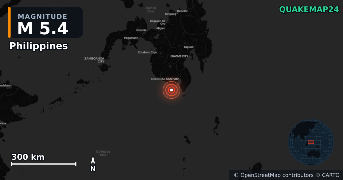 M5.4 earthquake near Philippines on Jun 8, 2026 — map of epicenter and shaking intensity | QuakeMap24