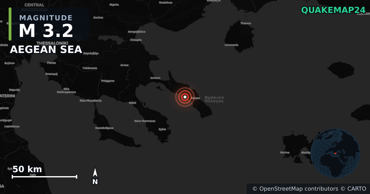 M3.2 earthquake near AEGEAN SEA on Jun 10, 2025 — map of epicenter and shaking intensity | QuakeMap24