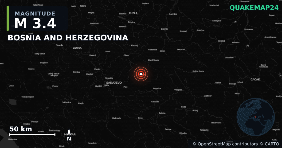 M3.4 earthquake near Baltići on Aug 15, 2026 — map of epicenter and shaking intensity | QuakeMap24