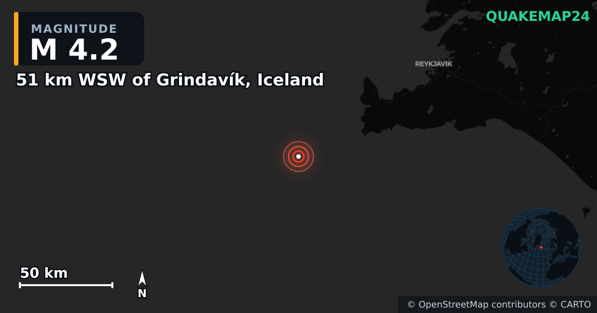 M4.2 earthquake near 51 km WSW of Grindavík, Iceland on Mar 23, 2026 — map of epicenter and shaking intensity | QuakeMap24