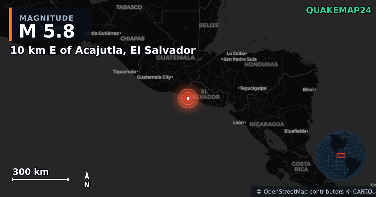 M5.8 earthquake near 10 km E of Acajutla, El Salvador on Jan 9, 2025 — map of epicenter and shaking intensity | QuakeMap24