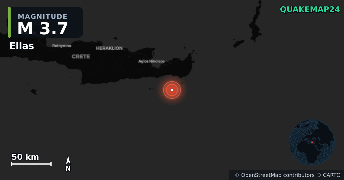 M3.7 earthquake near Ellas on Nov 19, 2025 — map of epicenter and shaking intensity | QuakeMap24