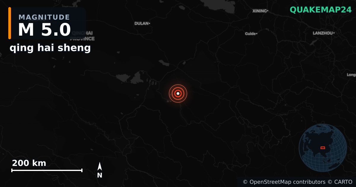 M5.0 earthquake near qing hai sheng on Jun 27, 2025 — map of epicenter and shaking intensity | QuakeMap24