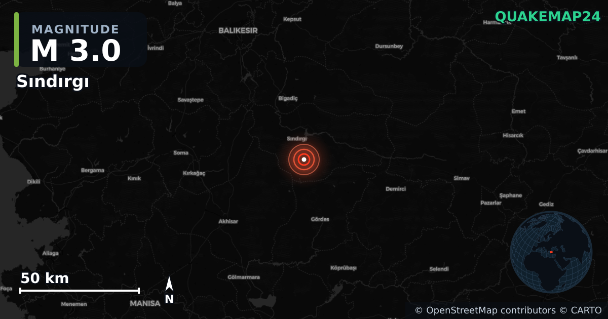 M3.0 earthquake near Sındırgı on Jul 30, 2025 — map of epicenter and shaking intensity | QuakeMap24