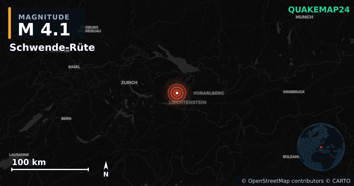 M4.1 earthquake near Schwende-Rüte on Apr 26, 2026 — map of epicenter and shaking intensity | QuakeMap24