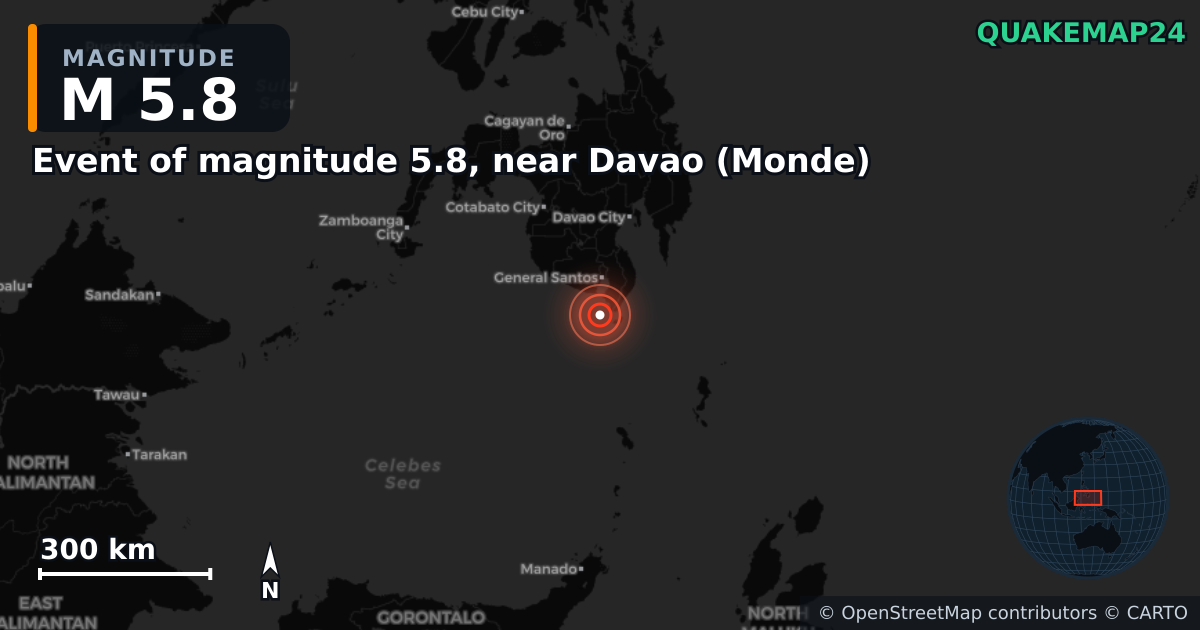 M5.8 earthquake near Event of magnitude 5.8, near Davao (Monde) on Jun 8, 2026 — map of epicenter and shaking intensity | QuakeMap24