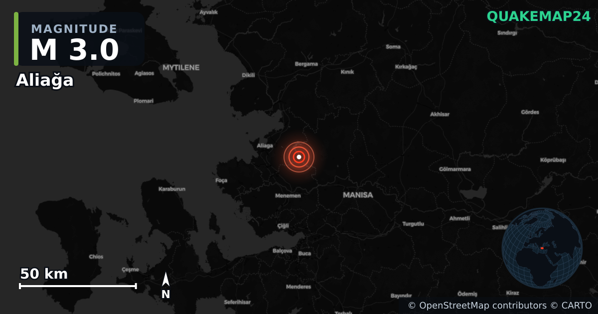 M3.0 earthquake near Aliağa on Aug 15, 2026 — map of epicenter and shaking intensity | QuakeMap24