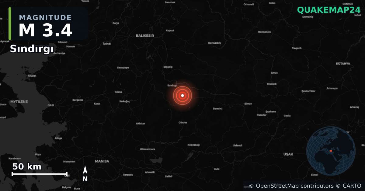 M3.4 earthquake near Sındırgı on Oct 28, 2025 — map of epicenter and shaking intensity | QuakeMap24